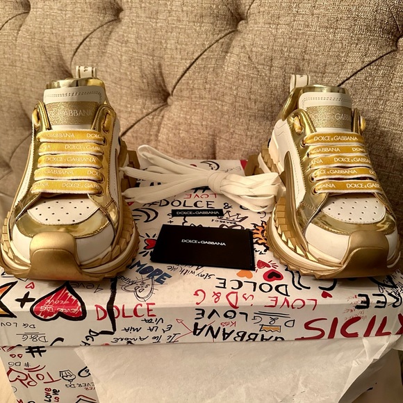 DOLCE & GABBANA Sneakers WHITE AND GOLD SUPER QUEEN LEATHER WOMEN'S SHOES - Picture 3 of 7